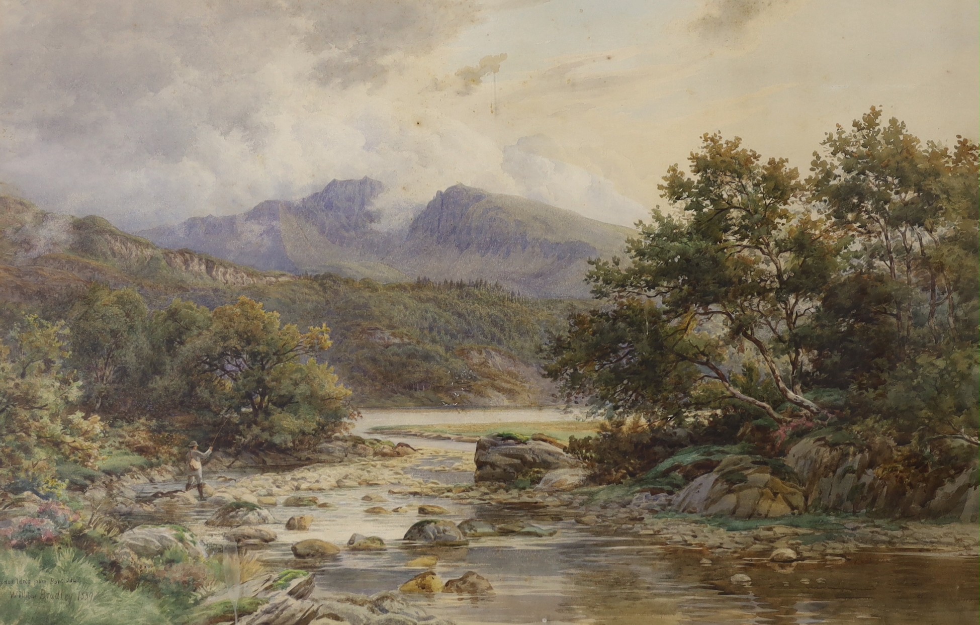 William Bradley, 19th century, watercolour, angler amongst lake scape, signed, inscribed and dated 1889, 42 x 67cm